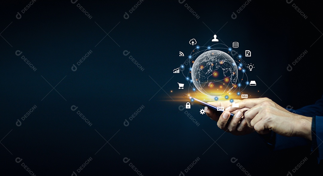 Empresários usam tecnologia de conexão com a Internet e marketing digital, finanças e serviços bancários Tecnologia de conexão digital