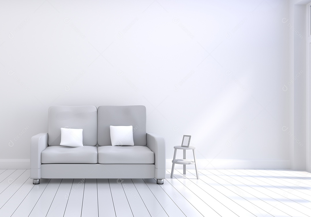 Design de interiores moderno da sala de estar com sofá cinza com branco.