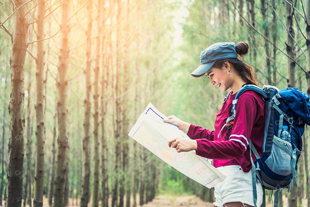 Viagem turística feminina em floresta de pinheiros caminhadas durante as férias.