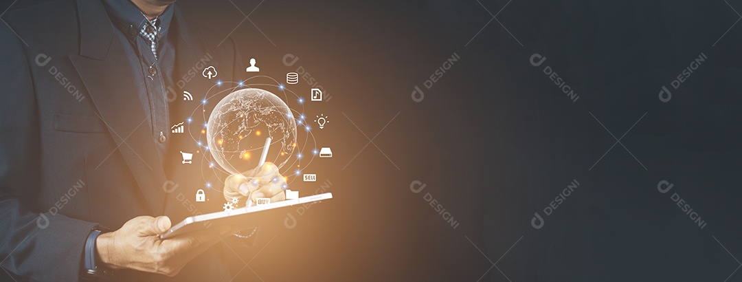 Empresários usando telefones celulares, Marte, tecnologia de conexão global à Internet e marketing digital Finanças e serviços bancários, tecnologia de conexão digital, dados massivos.