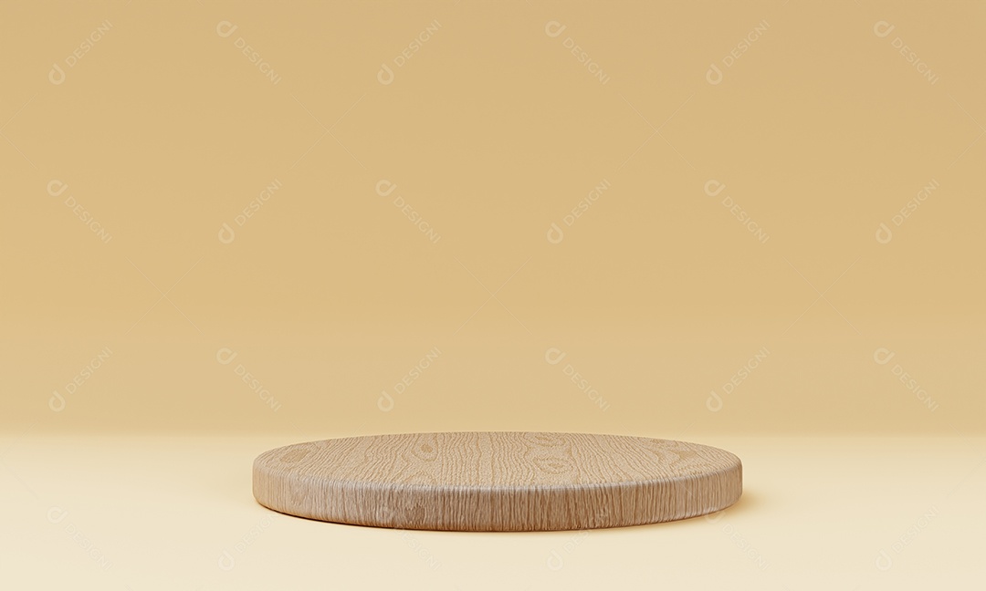 Um pódio de estágio de produto de cilindro redondo de madeira marrom em fundo laranja. Tema de moda mínima.