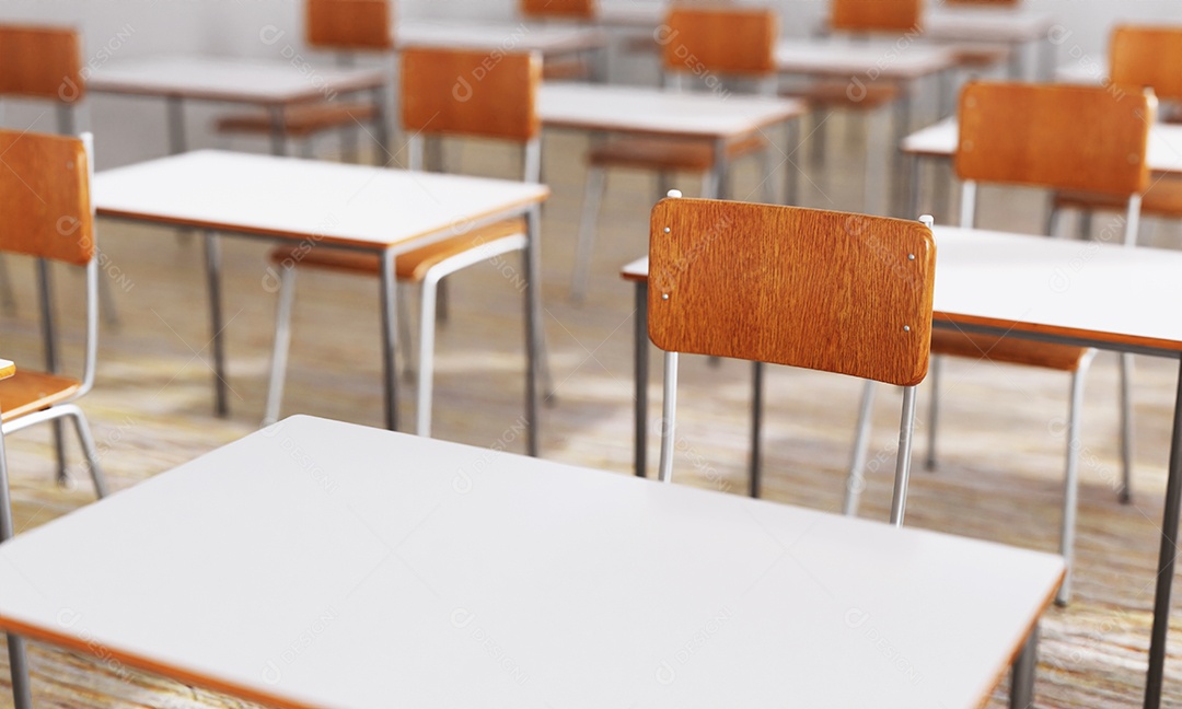 Close-up assento de cadeira de estudante e mesa no fundo da sala de aula com piso de madeira.