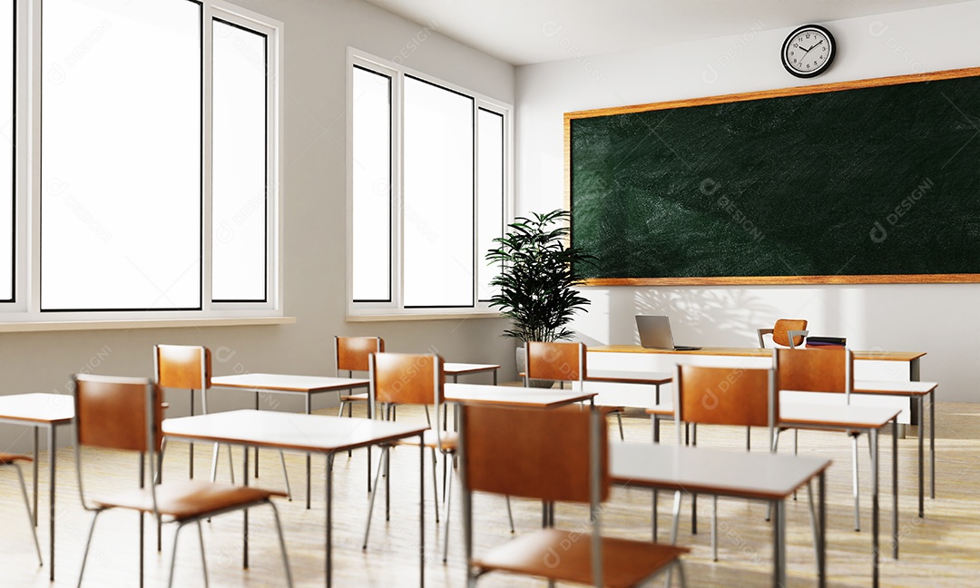 Fundo branco vazio da sala de aula com mesa de lousa verde e assento no chão de madeira.