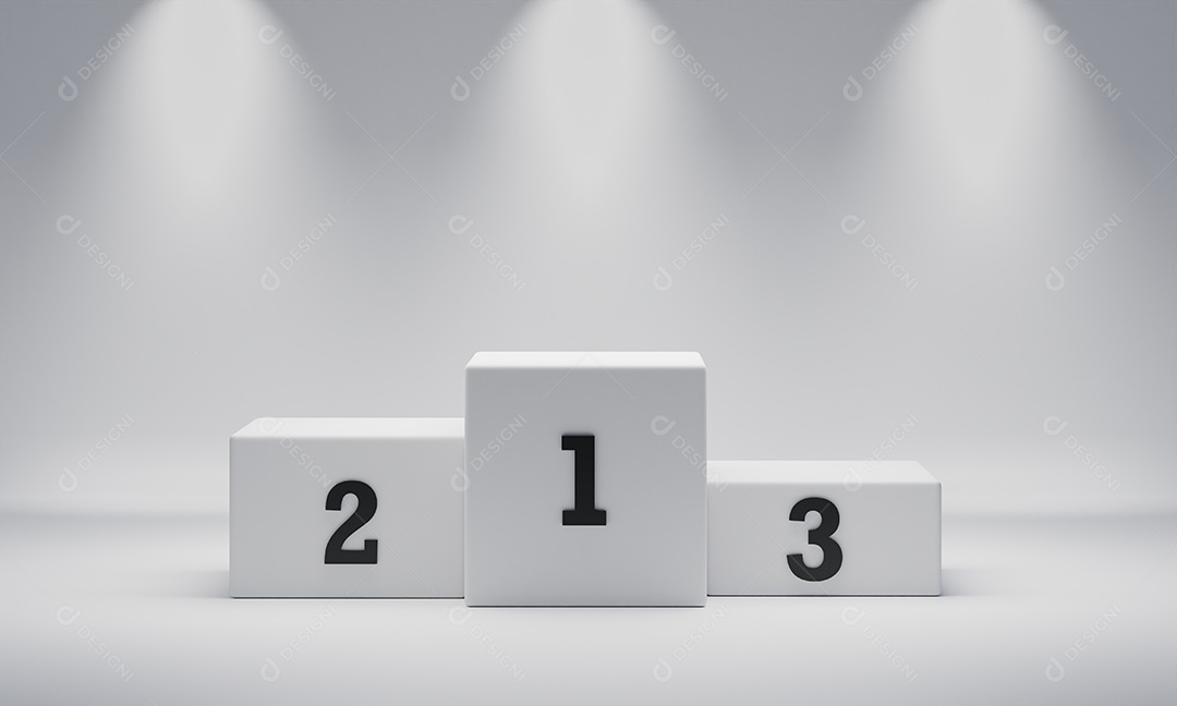 Pódio do vencedor do cubo retangular branco no fundo do centro das atenções com lugar de número. Conceito de geometria mínima abstrata.