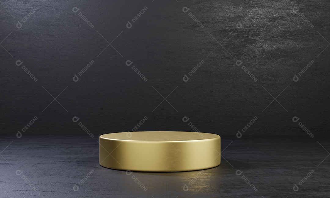 Mesa de pódio de estágio de produto de um cilindro dourado em fundo de cimento preto.
