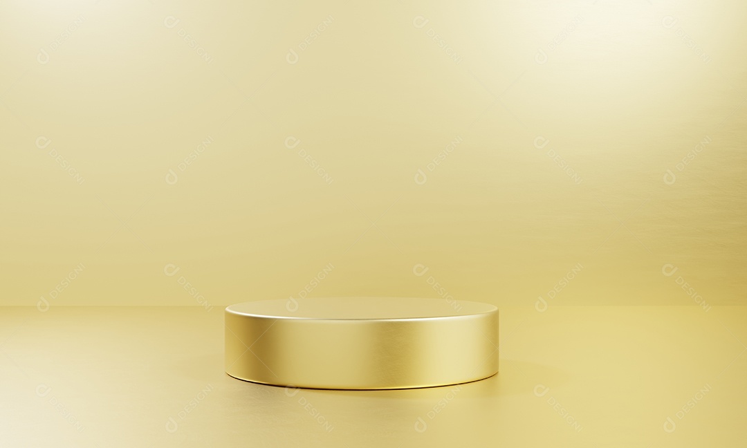 Mesa de pódio de estágio de produto de um cilindro dourado em fundo brilhante.