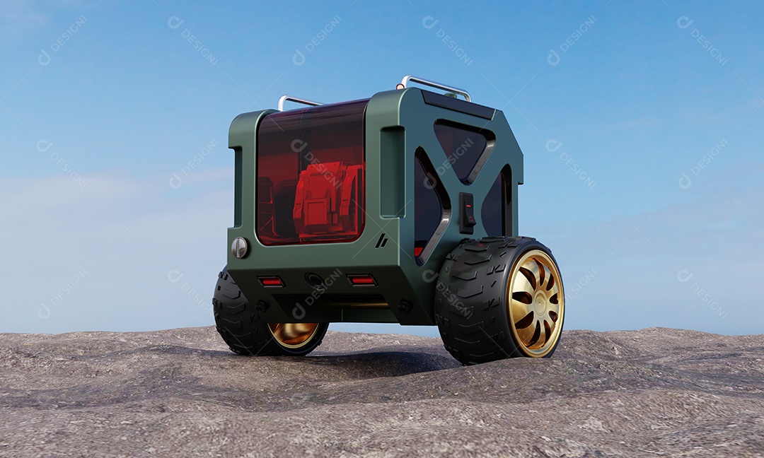 Parcela de duas rodas e entrega de peças sobressalentes equilibrando caixa na colina rochosa ao lado da praia e do mar no fundo ao ar livre.