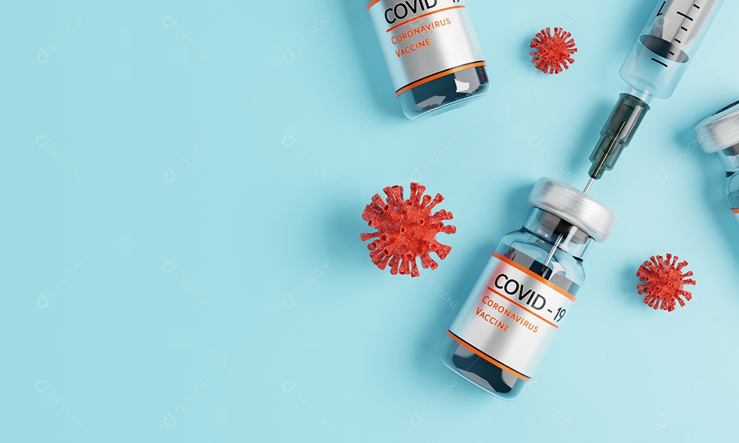 Frasco de vacina contra coronavírus com seringa de injeção e vírus em fundo azul. Saúde e conceito médico.