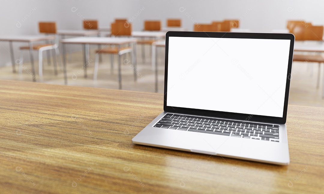 Feche a exibição do monitor de laptop cortado isolado branco com fundo de sala de aula. Conceito de aprendizagem e palestra de educação e telecomunicações.