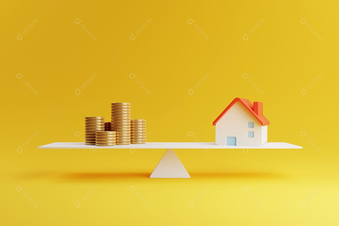 Casa e moeda em escala de equilíbrio em fundo amarelo. Investimento em hipotecas de negócios imobiliários e conceito de empréstimo financeiro.