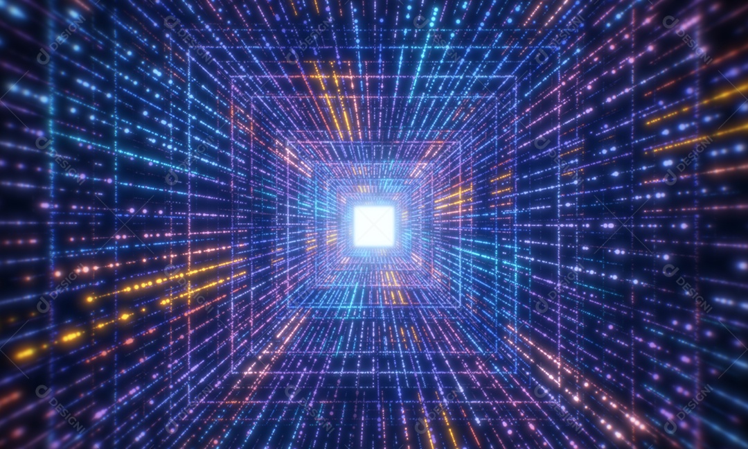 Fundo brilhante digital da rede do túnel das partículas. Tecnologia futurista e conceito de big data de computador.