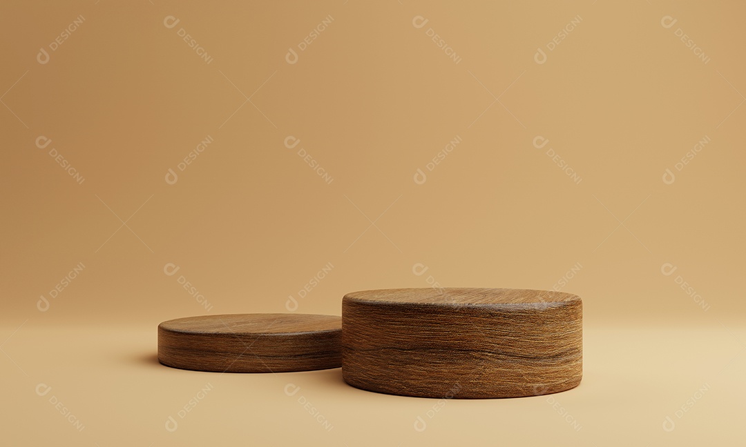 Pódio de estágio de produto de dois cilindros redondos de madeira marrom em fundo laranja.