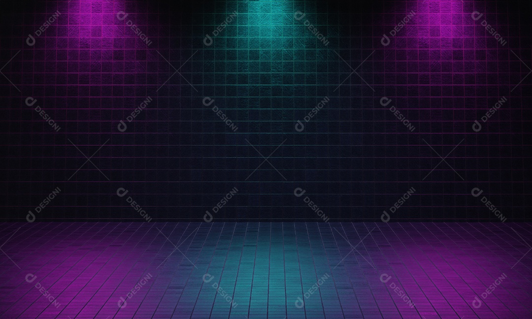 Quarto vazio escuro feito de tijolo com fundo de holofotes de cor violeta e azul.