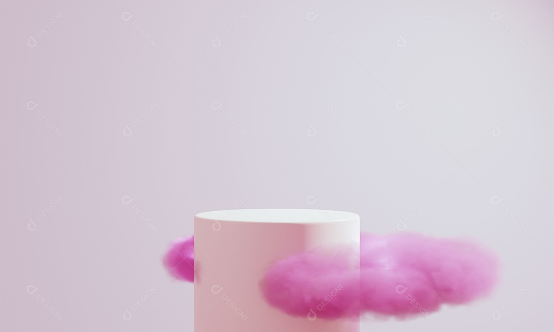 Pódio de produto de cilindro rosa com nuvem fofa com fundo de espaço de cópia.
