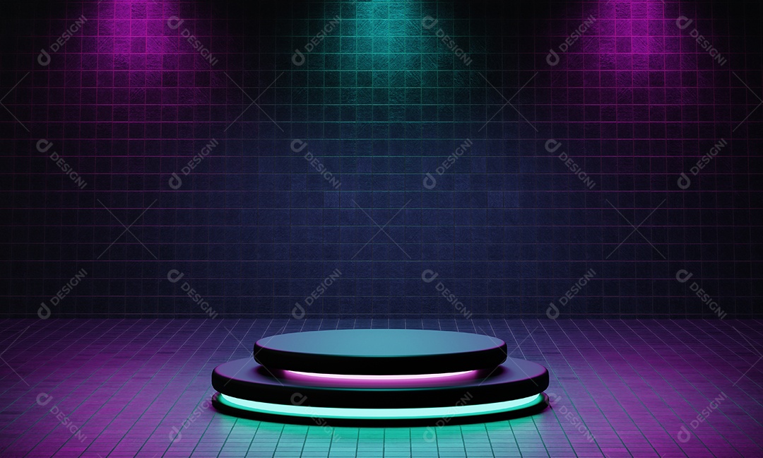 Estúdio de plataforma de pódio de produtos Cyberpunk com holofotes azuis e violetas e plano de fundo texturizado estilo grunge.