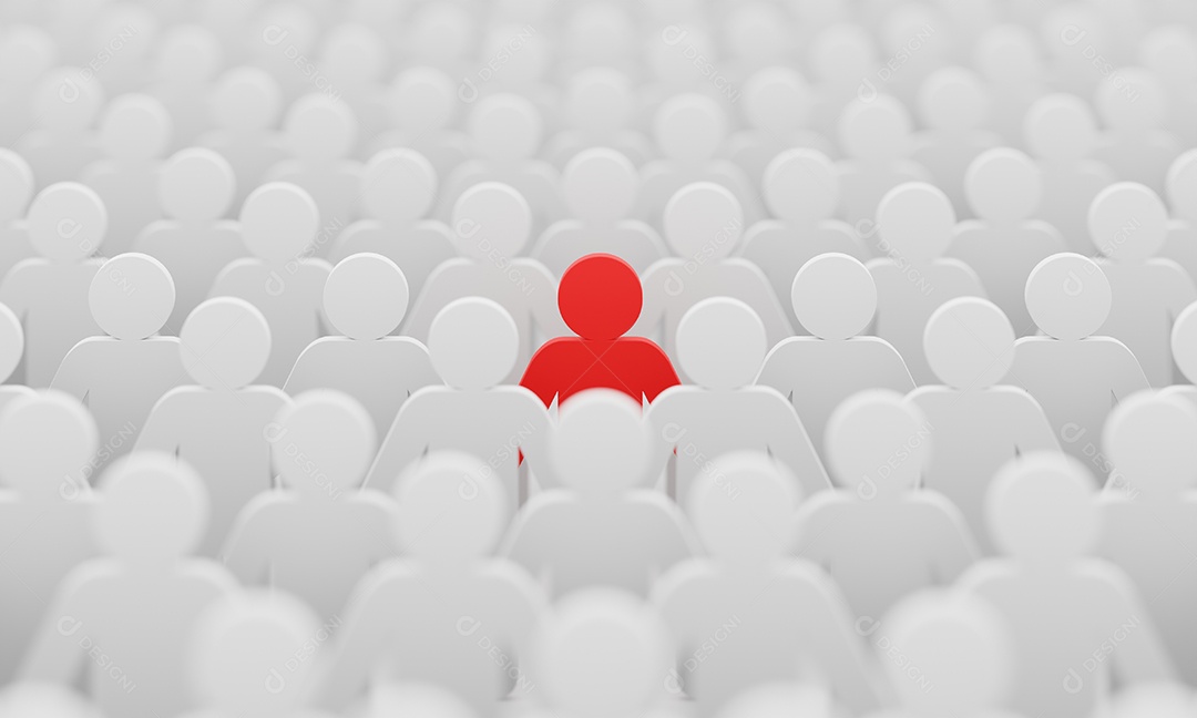 Estatueta de cor de homem vermelho entre fundo de pessoas de homens brancos de multidão.
