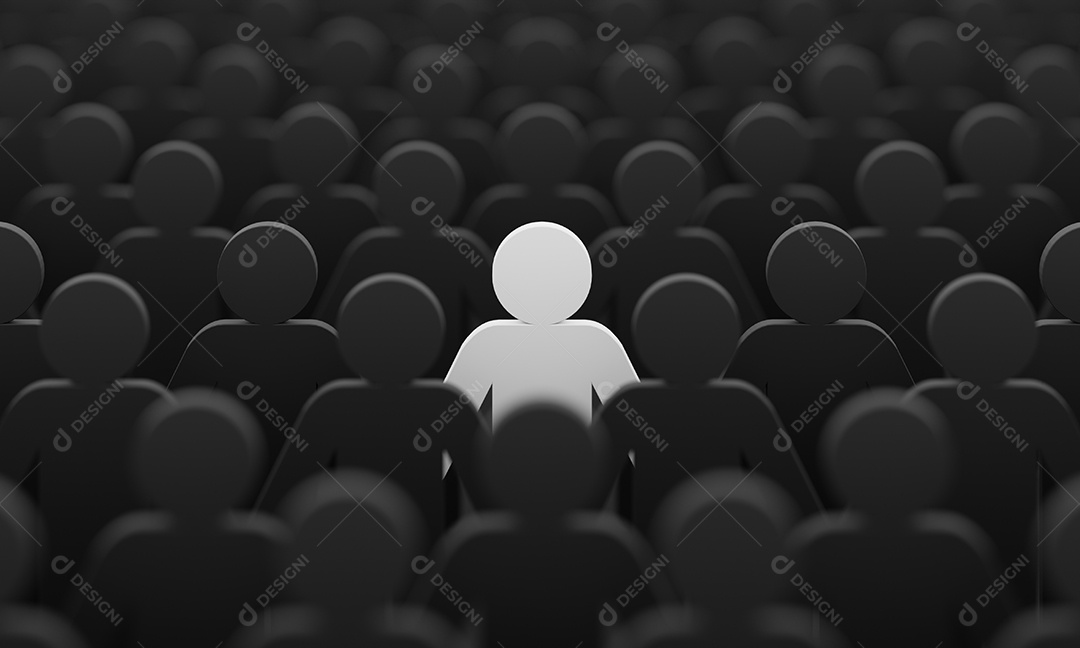 Estatueta de cor branca entre o fundo de pessoas negras da multidão. Estilo de vida social e competição de negócios e conceito de pessoa estranha.