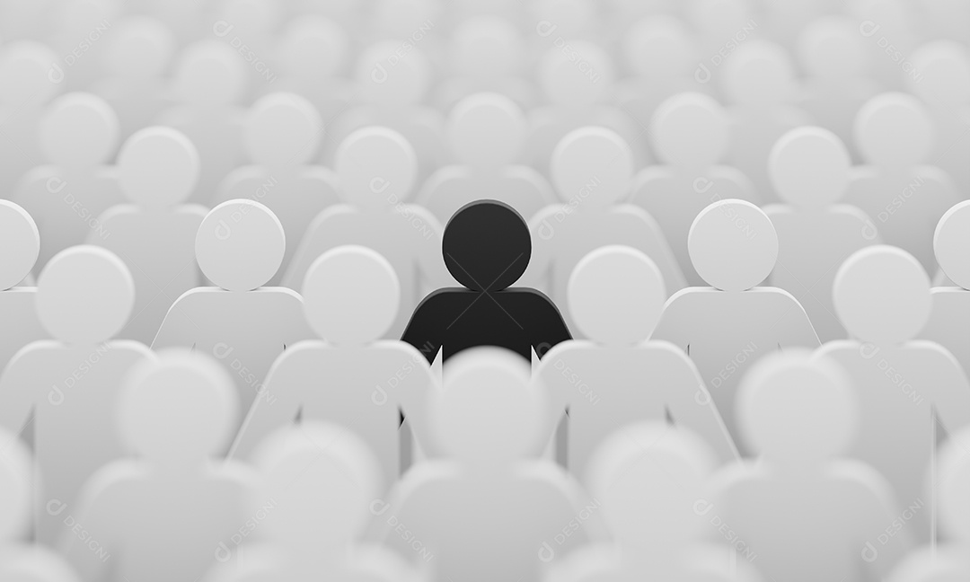 Estatueta de cor preta entre fundo de pessoas brancas da multidão. Estilo de vida social e competição de negócios e conceito de pessoa estranha.
