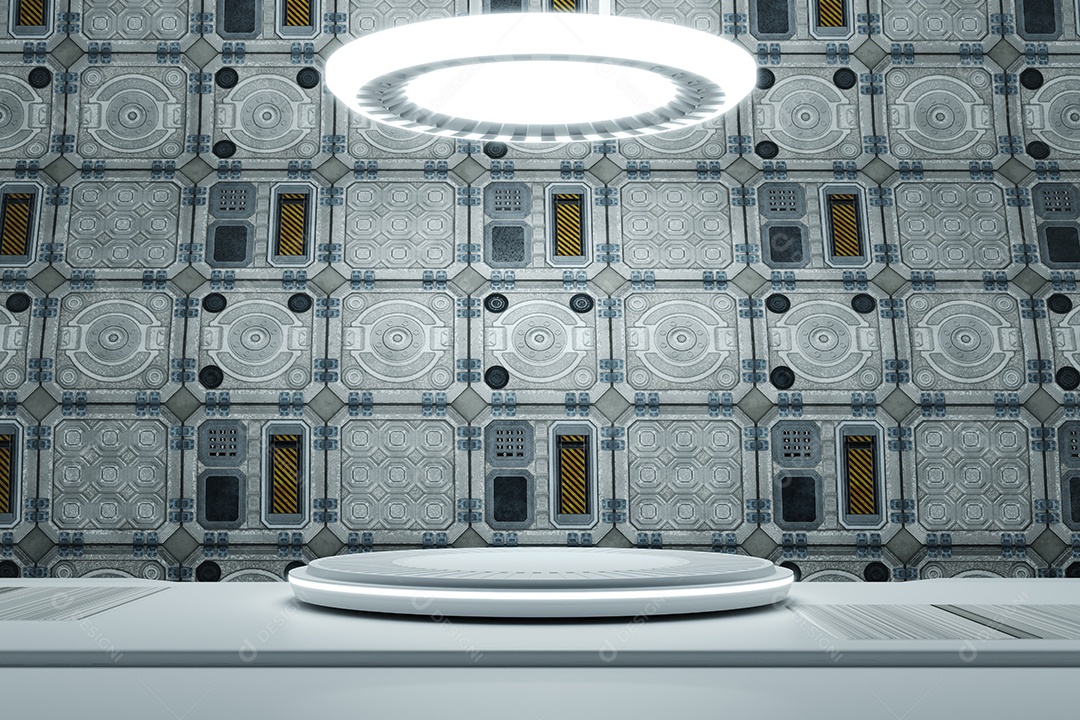 Estúdio de plataforma de pódio de produto branco de alta tecnologia em nave espacial com caixa segura de senha elétrica e fundo do motor.