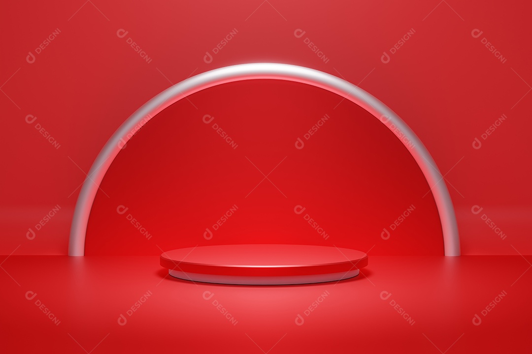Palco do pódio do produto vermelho e anel de prata e fundo de luz pontual. Conceito de geometria mínima abstrata.