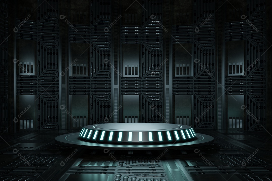 Estúdio de plataforma de pódio de produtos de alta tecnologia em nave espacial com lâmpada de fio elétrico e fundo de motor.