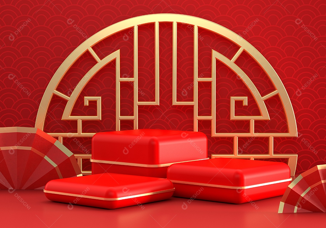 Vitrine de produto de pódio de três cubos de estilo moderno vermelho do Ano Novo Chinês com anel de ouro e fundo de fãs de padrão de China.