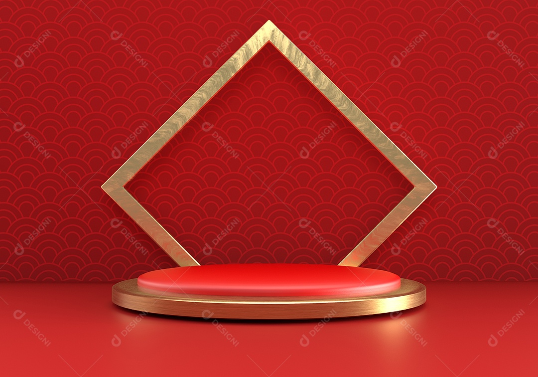 Vitrine de produto de pódio de estilo moderno vermelho do Ano Novo Chinês com moldura de anel dourado e fundo padrão da China.