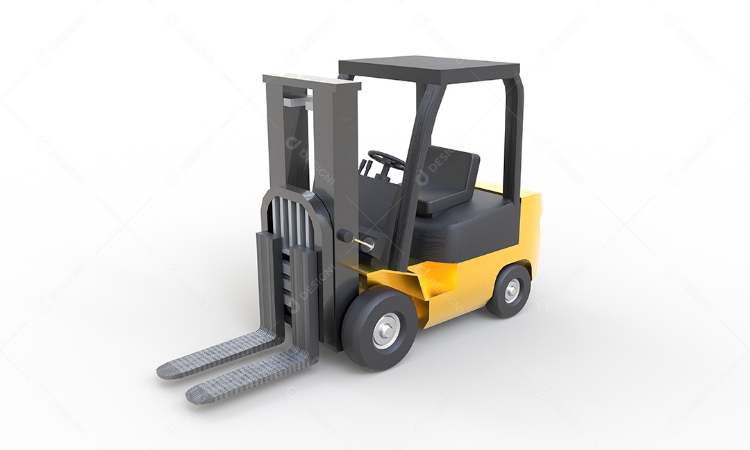 Yellow forklift with empty fork parking on white background. Transport and industrial concept.