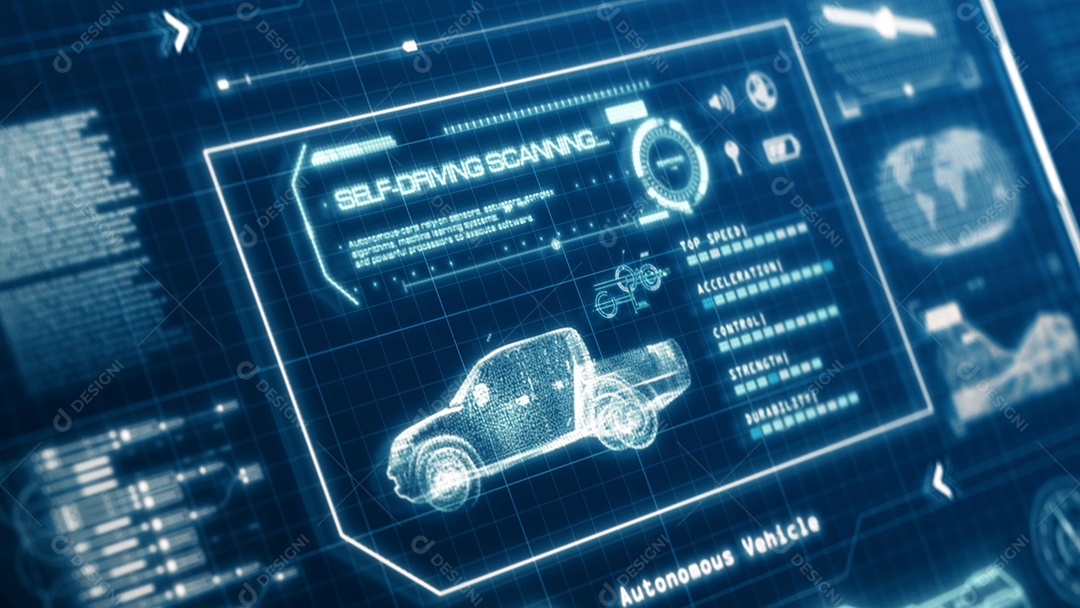 Especificação do carro da caminhonete do veículo autônomo HUD, interface do usuário de teste de digitalização na tela do computador.