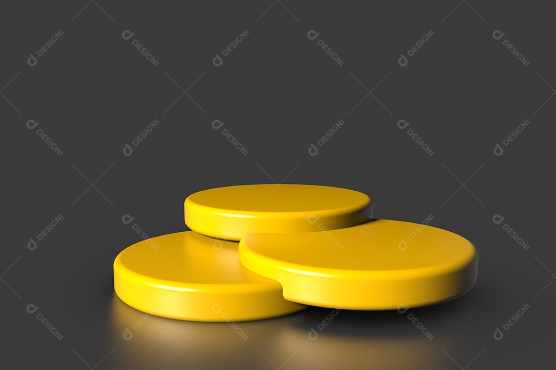 Pedestal de vitrine de produto amarelo fica em fundo cinza. Conceito mínimo abstrato.