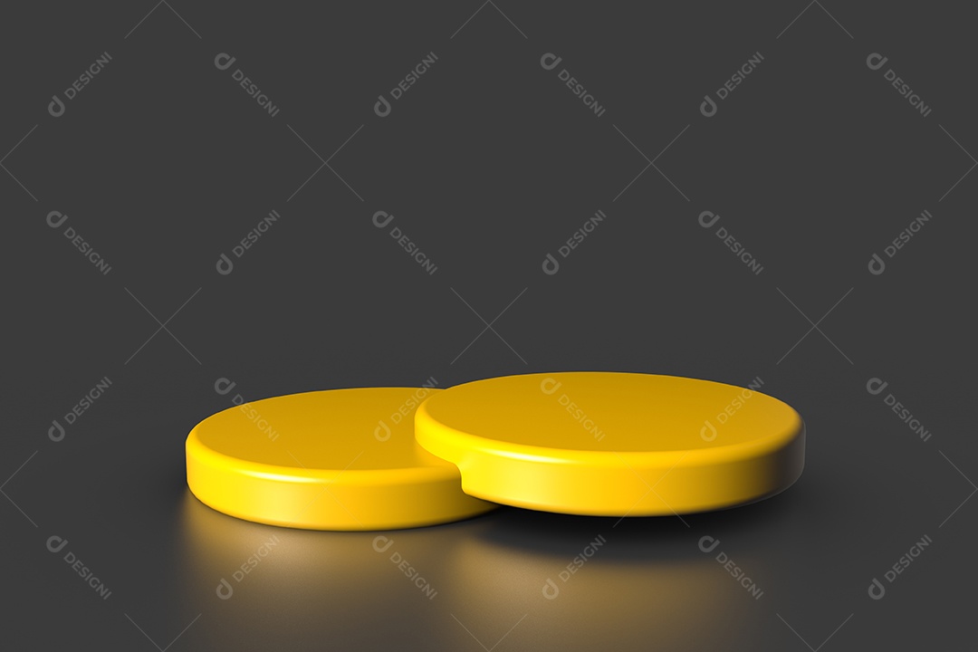 Pedestal de vitrine de produto amarelo fica em fundo cinza. Conceito mínimo abstrato.