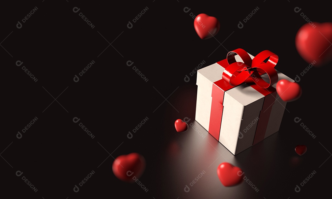 Caixa de presente branca com fita vermelha e muitos corações caindo do céu em fundo preto.