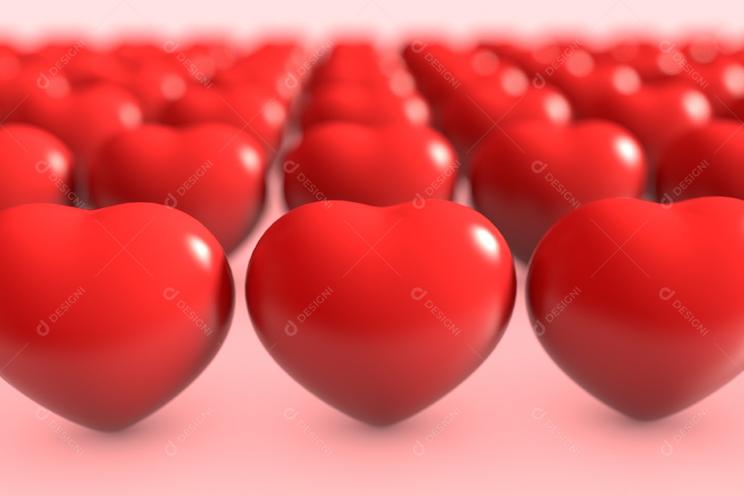 Grupo de coração de dia dos namorados de borracha vermelha reunindo-se na fábrica de linha de produção em fundo rosa.