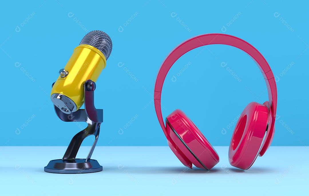 Microfone PODCAST amarelo e fone de ouvido rosa sobre fundo azul. Entretenimento e conceito de videoconferência online.