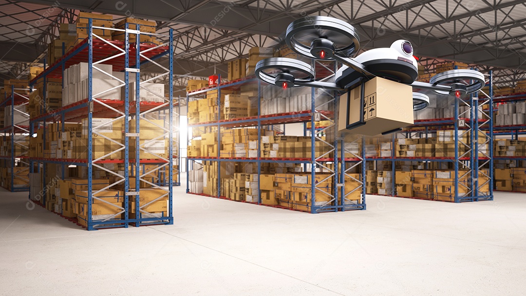 Drone de entrega que entrega os pacotes ao centro de distribuição e aos clientes do armazenamento do armazém.