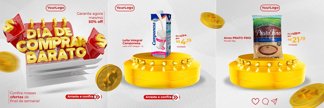 Social Media Dia de comprar barato garanta agora mesmo 50% off carrossel supermercados PSD Editável