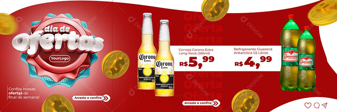 Social Media Dia de ofertas cerveja Corona extra Refrigerante Guaraná Carrossel Distribuidora PSD Editável