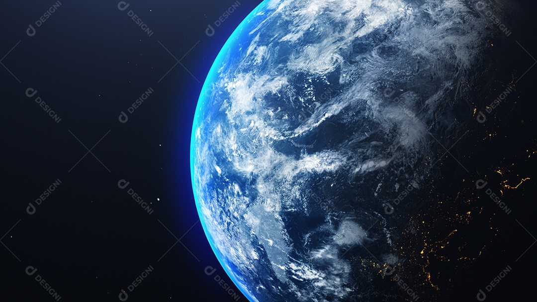 Terra em vista do espaço com brilho do nascer do sol no fundo do universo e da galáxia.