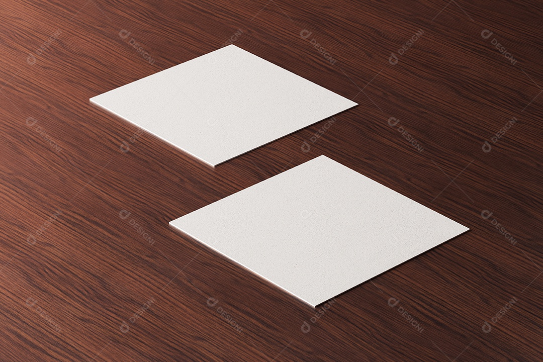 Maquete de cartão de visita de papel quadrado branco sobre fundo de mesa marrom de madeira.