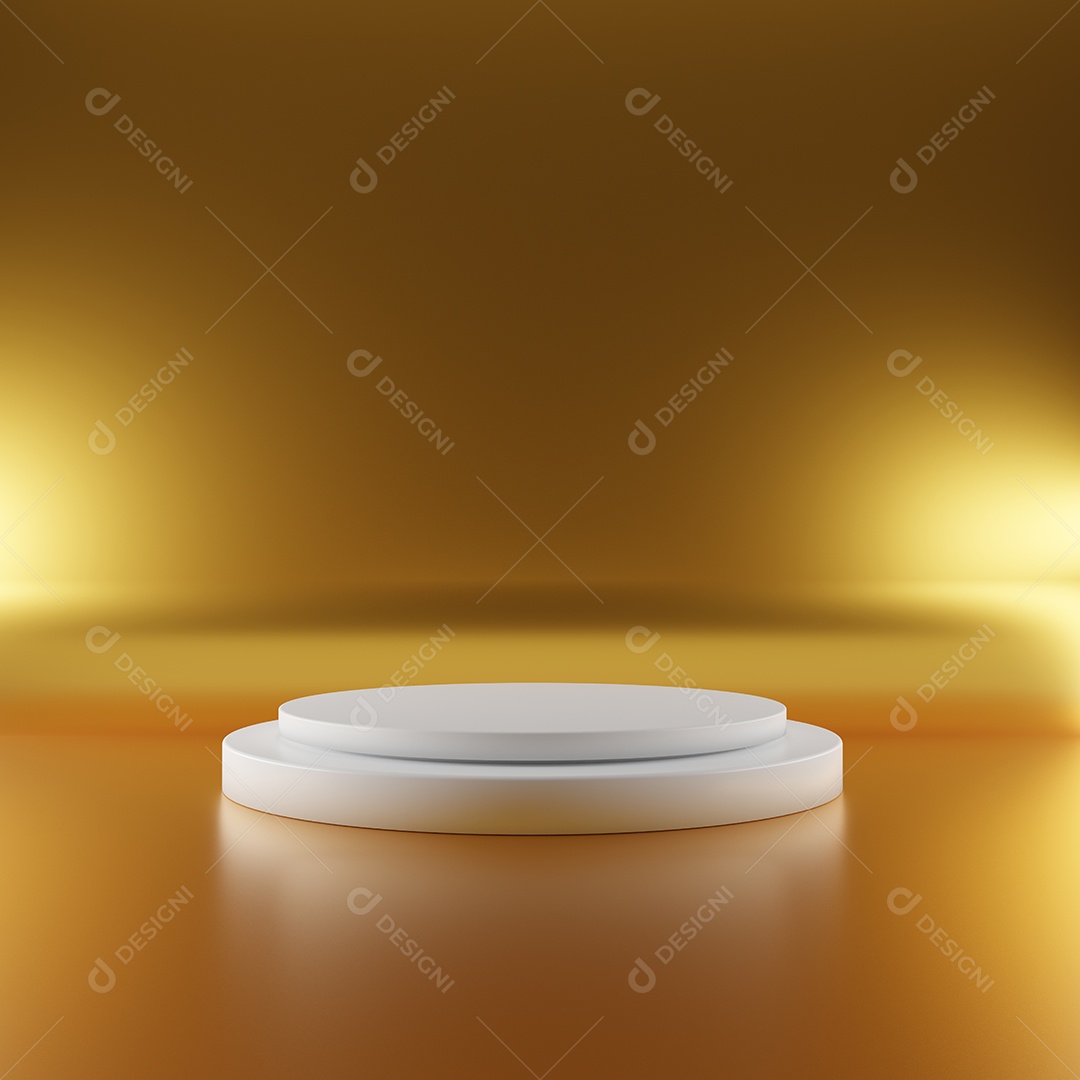 Palco de pedestal branco sobre fundo dourado com iluminação de holofotes. Conceito de suporte de geometria mínima abstrata.