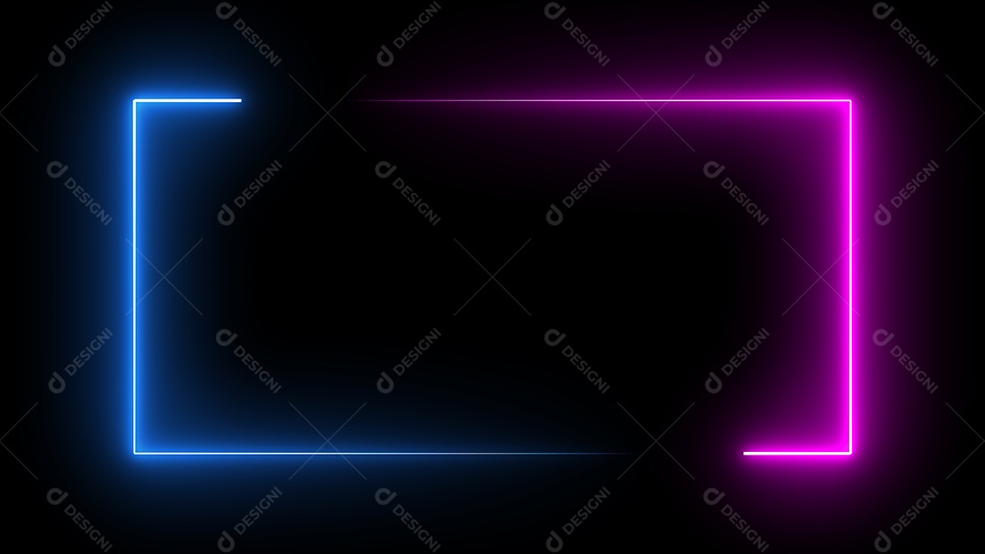 Moldura retangular quadrada com gráfico de movimento de cor neon de dois tons em fundo preto isolado. Luz azul e rosa movendo-se para o elemento de sobreposição.