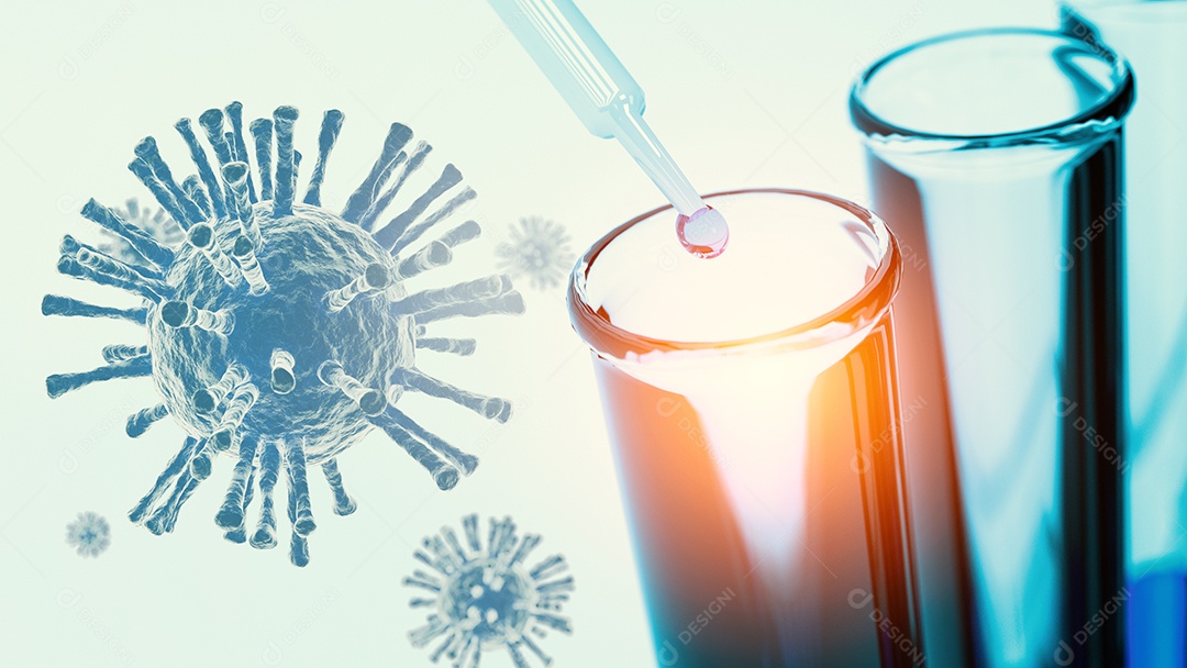 Feche a pipeta colocando uma amostra de solução azul no tubo de ensaio em laboratório com pesquisa de Coronavírus.