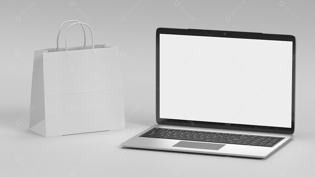 Laptop e maquete de sacola de compras em fundo branco. Negócios e conceito de objeto de tecnologia online.