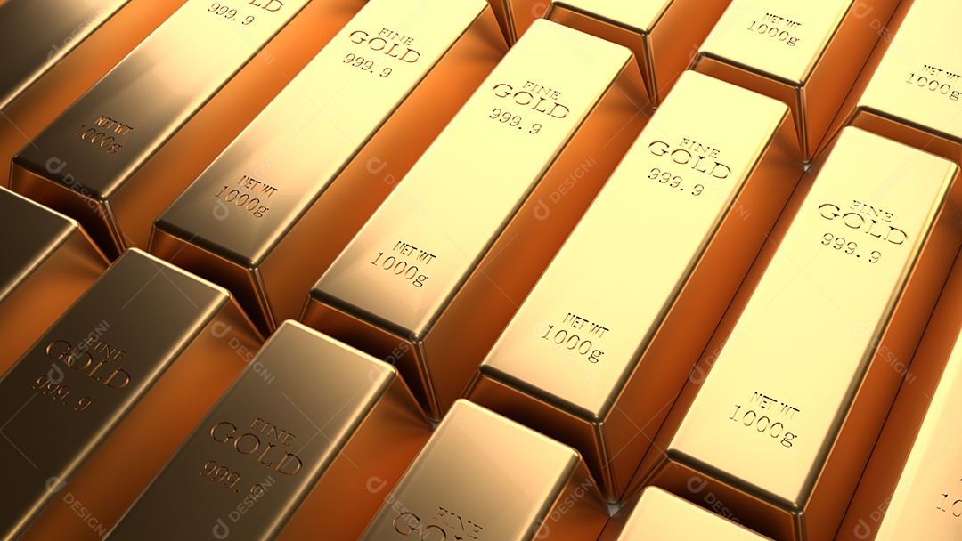 Arranjo de barra de ouro brilhante close-up em seguido. Futuro de ouro de negócios e conceito financeiro.