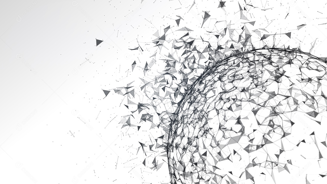 Estrutura abstrata do plexo preto na terra da esfera rachando e explodindo no fundo branco. Ilustração 3D