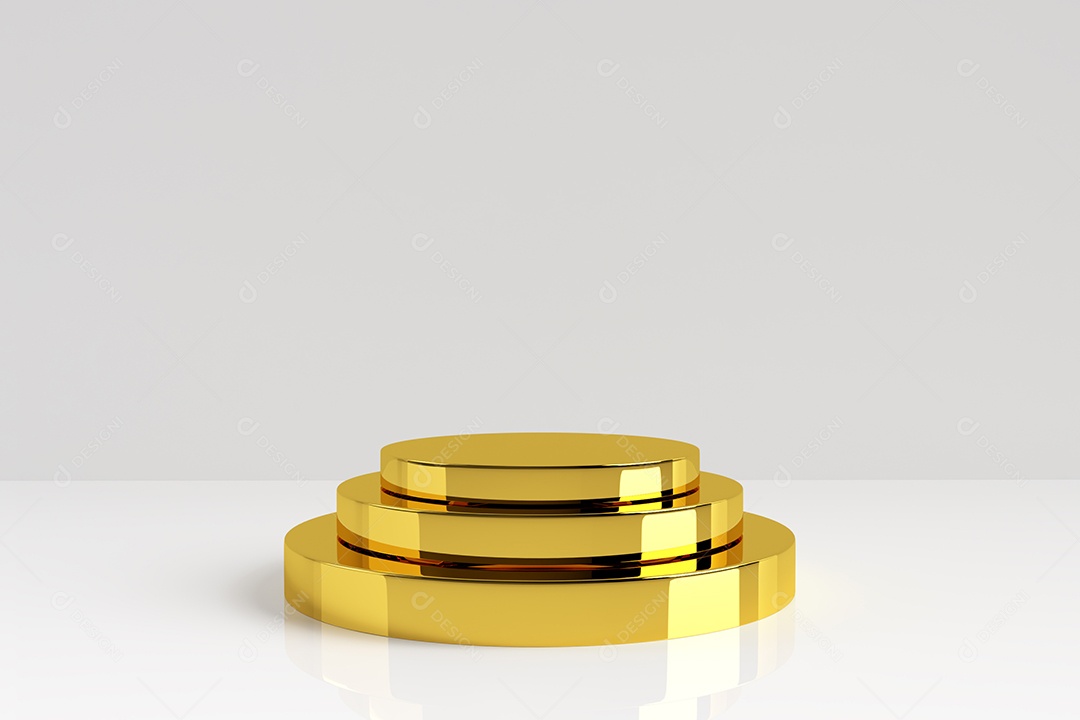 Produto dourado de três camadas fica no fundo branco. Pedestal de ouro com reflexão e sombra no chão. Apresentação do cliente mostra modelo de decoração no quarto. Conceito de publicidade. ilustração 3D