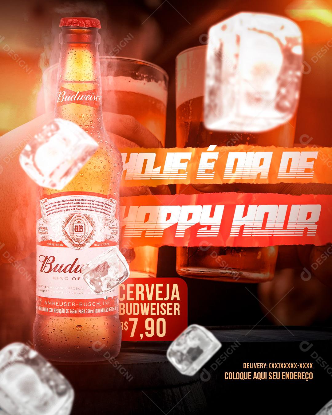 Social Media Bares Hoje é Dia de Happy Hour Cerveja Budweiser Social Media PSD Editável