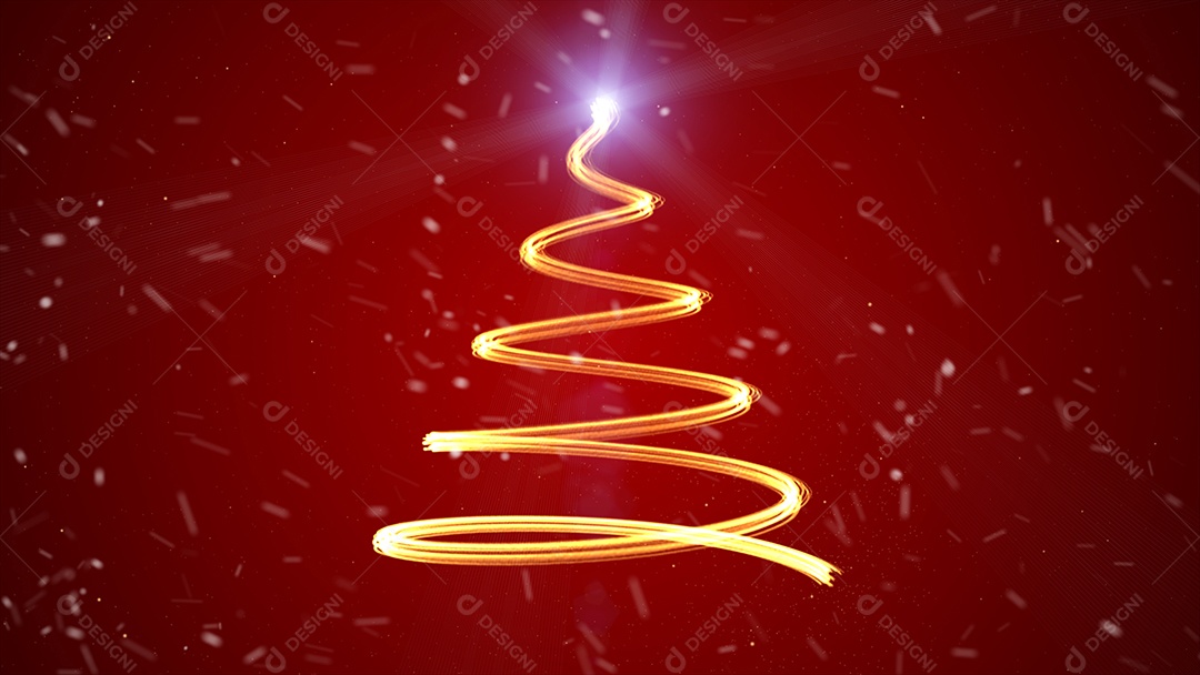 Glitter de partículas douradas em forma de caminho de árvore de Natal em fundo vermelho.