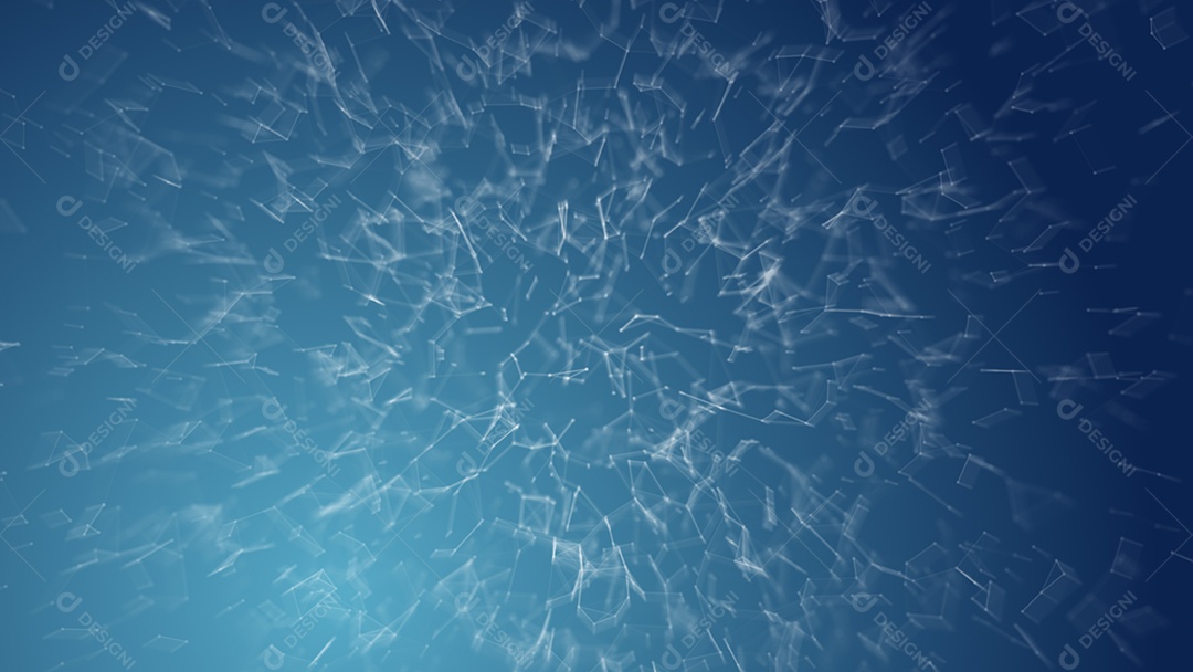 Rede de wireframe de geometria turva azul abstrata e ponto de conexão no espaço sobre fundo azul. Segurança do conceito futurista de computador e ciência.