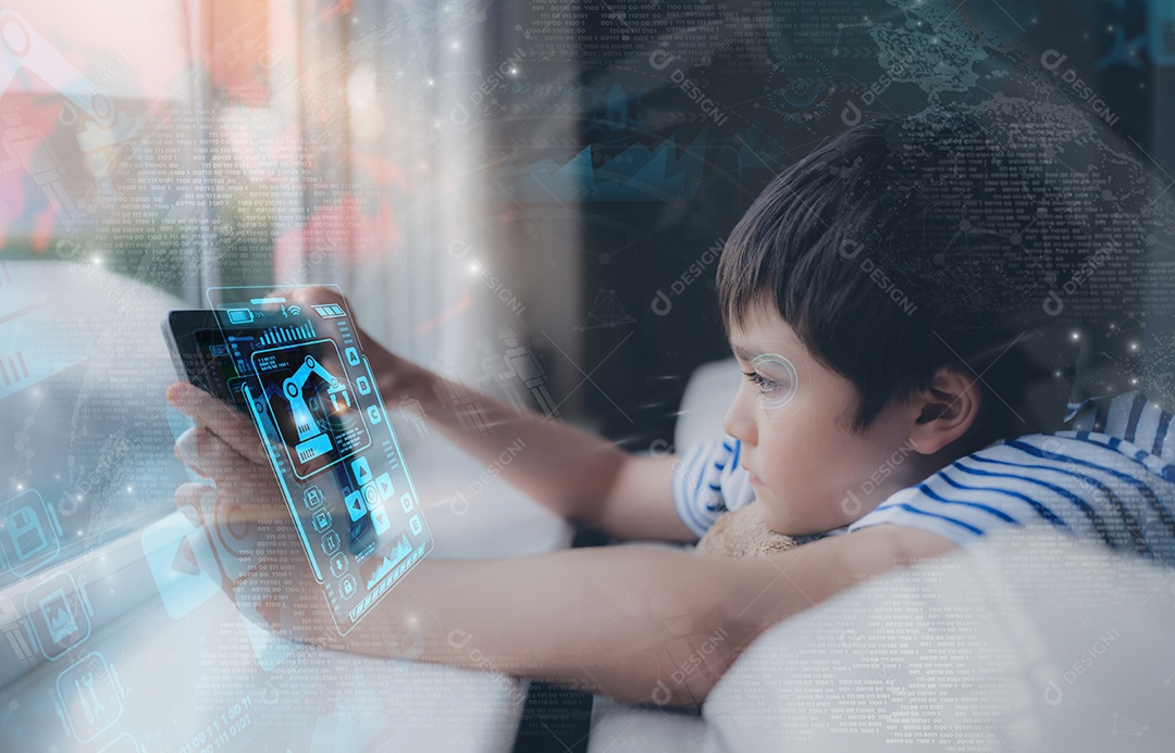 Conceito de tecnologia educacional, garoto olhando para tablet e imaginação sobre tecnologia e ciência no futuro.